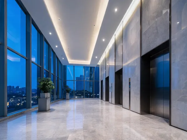 High-rise commercial office tower elevator lobby