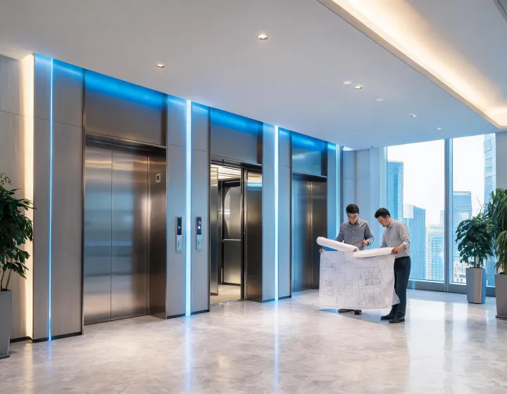 Otis commercial elevator cab in modern high-rise lobby
