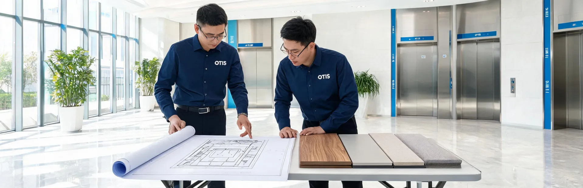 Elevator engineers reviewing modernization drawings