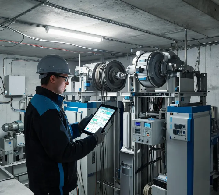 Otis service technician using OtisONE diagnostics tablet