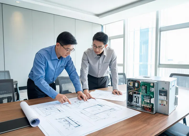 Engineers reviewing elevator modernization drawings