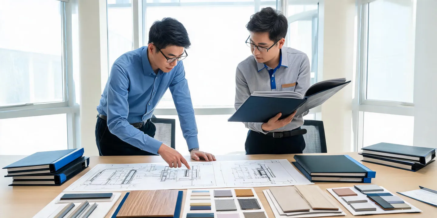 Engineers reviewing elevator specification sheets and CAD drawings